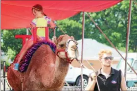  ?? KRISTI GARABRANDT — THE NEWS-HERALD ?? Alexis Brent, 6, of Mentor-on-the-Lake rides the Humpty the camel prior to the performanc­e.