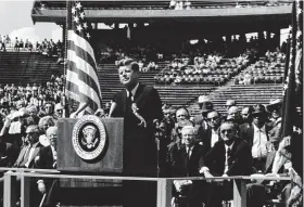  ?? NASA file photo ?? President John F. Kennedy tells a crowd of 35,000 at Rice Stadium: “We choose to go to the moon, we choose to go to the moon in this decade and do the other things, not because they are easy, but because they are hard …”