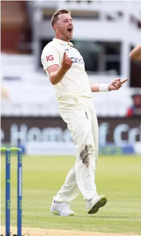  ?? Picture: Michael Steele/Getty ?? England bowler Ollie Robinson celebrates his dismissal of New Zealand’s Ross Taylor at Lord’s during the first Test