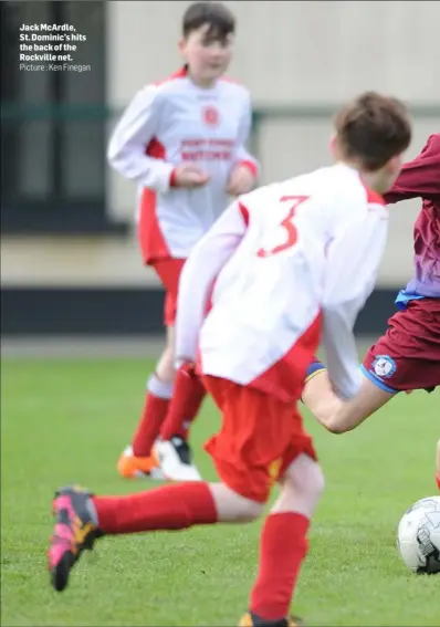  ?? Picture : Ken Finegan ?? Jack McArdle, St. Dominic’s hits the back of the Rockville net.