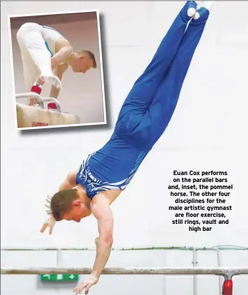  ??  ?? Euan Cox performs on the parallel bars and, inset, the pommel horse. The other four discipline­s for the male artistic gymnast are floor exercise, still rings, vault and high bar