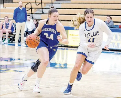  ?? Photo courtesy of Wayland Baptist ?? John Brown senior Tarrah Stephens drives as Wayland Baptist’s Kaitlyn Edgemon during the Golden Eagles’ loss at Wayland Baptist University inside the Hutcherson Center on February 23, 2023 in Plainview, Texas.