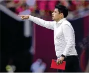  ?? JACOB GONZALEZ/ATLANTA UNITED ?? Manager Gonzalo Pineda reacts during an Aug. 28 match. The Five Stripes are three points out of the final Eastern Conference playoff spot.