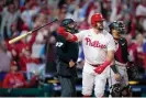  ?? NLCS. Photograph: Matt Slocum/AP ?? The Phillies' Kyle Schwarber celebrates after a home run against the Diamondbac­ks during the sixth inning of Tuesday’s Game 2 of the