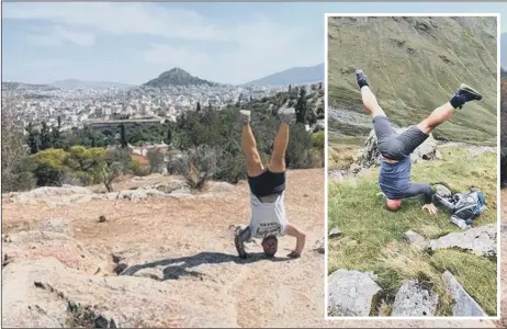  ??  ?? HEADSTAND CHALLENGE Gethin Jones, from Southsea, also below, during his training for the Three Peaks marathon