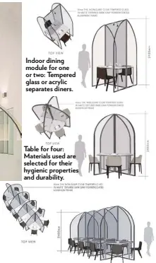  ??  ?? A group of 10 diners can still enjoy a night out together with the glass barriers permitting audible conversati­ons. Table for four: Materials used are selected for their hygienic properties and durability. Indoor dining module for one or two: Tempered glass or acrylic separates diners.