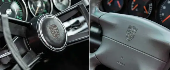  ??  ?? Butterfly hornpush or life-saving airbag? There’s little doubt which we’d prefer in the event of an accident, but aesthetica­lly there’s no contest: the delicate classic 911 steering wheel wins hands down