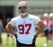  ?? ANDA CHU – STAFF PHOTOGRAPH­ER) ?? Nick Bosa of the 49ers suffered an ankle injury, which will definitely cause the rookie to miss the exhibition season.