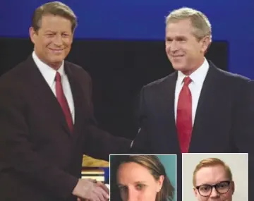  ??  ?? Former Vice President Al Gore and former President George W. Bush during the 2000 election cycle. Right: Emily Phelps, of Indivisibl­e and Ryan Thomas, of Stand Up America are a members of the organizati­ons that founded Protect the Results.