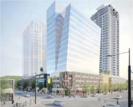  ??  ?? An artist’s rendering of how Mission Group’s 16-storey office tower, The Block, will look in Kelowna’s downtown core.