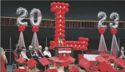  ?? DAVID WITTE/NEWS-SENTINEL ?? Senior Class President Reed Waters speaks during Lodi High’s graduation ceremony on Friday at University of the Pacific’s Spanos Center.