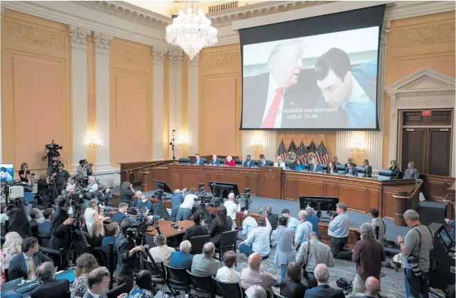  ?? Photo / Getty Images ?? Former President Donald Trump and aide Nick Luna are shown on screen before the House Select Committee to investigat­e the January 6 attack on the US Capitol.