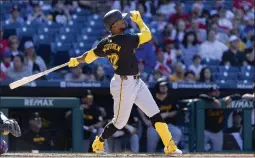  ?? LAURENCE KESTERSON – THE ASSOCIATED PRESS ?? Pirates designated hitter Andrew McCutchen, in his 16th big league season, follows through on his 300th career home run during the eighth inning Sunday in Philadelph­ia.