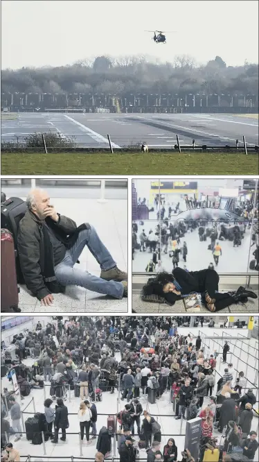  ?? PICTURES: DAN KITWOOD/GETTY IMAGES ?? GROUNDED: Top, a police helicopter flies over the runway at Gatwick airport; above and middle, passengers wait for announceme­nts at Gatwick South Terminal after authoritie­s closed the runway when drones were spotted. The shutdown sparked delays and diversions in the run-up to the Christmas getaway, in what authoritie­s have called a ‘deliberate act’ to disrupt the airport.