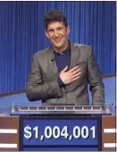  ?? Jeopardy Production­s Inc. via AP ?? “Jeopardy!” contestant Matt Amodio after his total win amount was announced Sept. 24. Amodio is a fifth-year computer science Ph.D student at Yale University.