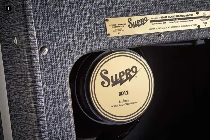  ??  ?? The Black Magick uses a specially designed Supro BD12 loudspeake­r The Black Magick Reverb has a different control panel to the non-reverb version, with independen­t bass and treble controls Plenty of extension speaker jacks let you hook the Supro up to almost any cabinet The Black Magick’s reverb and tremolo effects are both valvepower­ed and can be switched on and off from this footswitch jack There are two parallel channels – input jack sockets access Channel 2 or Channels 1 and 2 linked for extra volume and gain The collaborat­ion with Kravitz has seen the addition of a master volume control 1 1. 2. 3. 4. 5. 6.