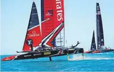  ?? Reuters ?? Emirates Team New Zealand leads Oracle Team USA in race seven of America’s Cup finals in Bermuda on Sunday.