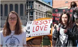  ?? Getty/Ariela Rosenzweig/Catherine Elias ?? Students like Catherine Elias, left, and Ariela Rosenzweig, right, have joined pro-Palestinia­n protests on their campuses. Composite: