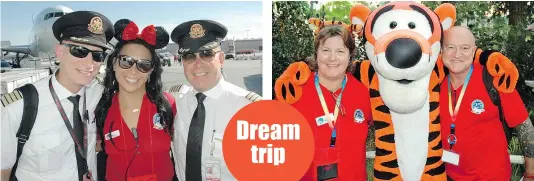  ?? PHOTOS: FRED LEE/PNG ?? Air Canada pilots Peter Smith and Brad Dey, along with Dreams Take Flight Vancouver president Melissa Hance, captained the special flight to Disneyland for 130 deserving children.
