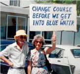  ?? ?? Jack and Hazel Walls at an antinuclea­r ship protest in Wellington during the early 1980s. The couple were actively involved in teaching, coaching, archaeolog­y, weaving, advocating for native flora, and promoting peace.