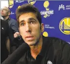  ?? JANIE MCCAULEY — ASSOCIATED PRESS ?? Warriors general manager Bob Myers takes questions about President Donald Trump from the media after practice on Saturday.