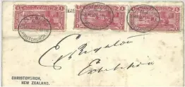  ??  ?? This envelope bearing three postmarked New Zealand “penny claret” stamps from 1907 sold for NZ$84,000.