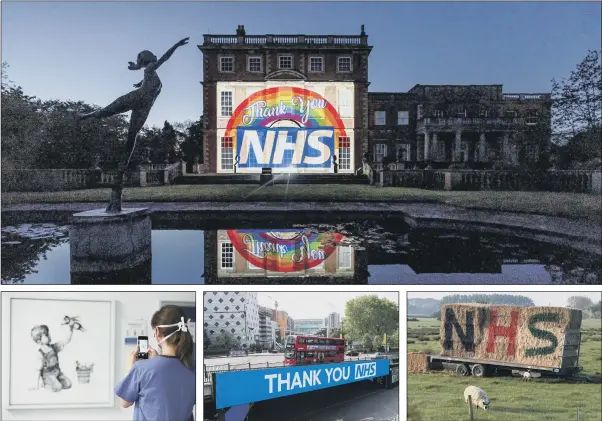  ?? PICTURES: CHARLOTTE GRAHAM (MAIN)/GETTY/PA WIRE ?? SAYING THANKS: Clockwise from top, Newby Hall in North Yorkshire is draped in colour as a mark of respect to NHS workers; a tribute painted on hay bales on a farm in Sussex; a sign saying Thank You NHS can been seen on the Bobby Moore bridge in front of Wembley Stadium; a new artwork painted by Banksy during lockdown, titled Game Changer, has gone on show at Southampto­n General Hospital.
