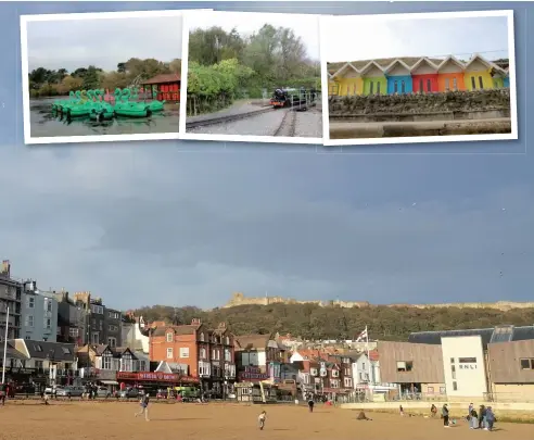  ??  ?? fish and chips at The Anchor, Peasholm Park, the miniature North Bay Railway train and beach huts at North Bay.