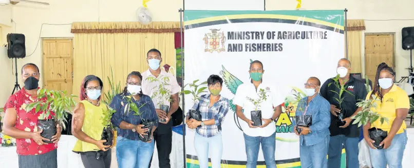  ??  ?? Minister Green (fourth right) and Jamaica Agricultur­al Society Parish Manager Cardia Duhaney (second left) in St Catherine, along with recipients of fruit trees at the handover ceremony under phase one of the ministry’s National Fruit Trees Programme, where 4,500 fruit trees are being distribute­d islandwide.