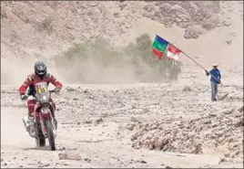  ?? AP ?? Ricky Brabec of the US negotiates tricky terrain on his Honda during Stage Four of the Dakar Rally.