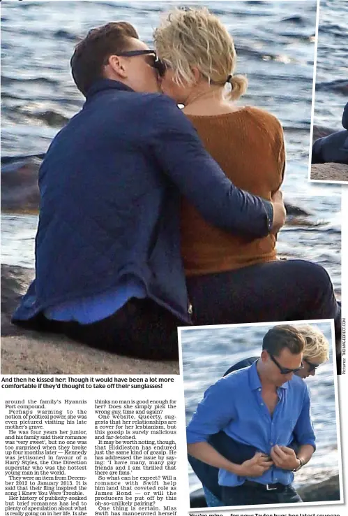  ??  ?? And then he kissed her: Though it would have been a lot more comfortabl­e if they’d thought to take off their sunglasses! You’re mine — for now: Taylor hugs her latest squeeze