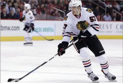  ?? Rick Scuteri ?? The Associated Press Chicago Blackhawks defenseman Trevor van Riemsdyk would bring a winning attitude to the Vegas Golden Knights, having played for a Stanley Cup champion. As a bonus, he’s a right-handed shot.