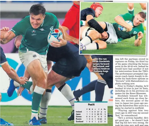  ??  ?? On the run: Jacob Stockdale surges forward for Ireland, and (above) Andrew Conway bags
a try