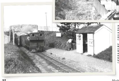  ?? CHRIS LEIGH COLLECTION ?? Left: Caffyns Halt, between Woody Bay and Lynton, was built to serve a nearby golf course. Driver Frank Northcombe leans from the cab of No. 759 Yeo as he works the 6.07pm to Barnstaple. Only the bridge remains, its approach banks having been completely removed.