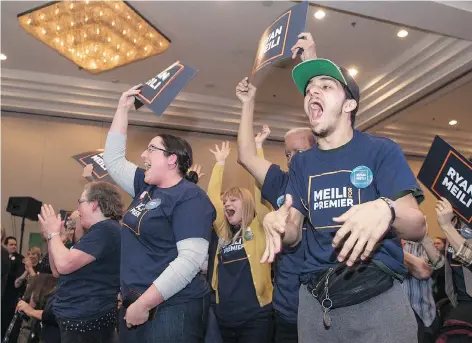  ?? BRANDON HARDER ?? A visibly-excited crowd of Ryan Meili supporters cheered at the Delta Hotel when it was announced that Meili was the winner of the NDP leadership race while the thunder sticks held by Trent Wotherspoo­n’s supporters remained largely silent.