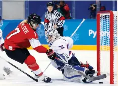  ??  ?? LARA STALDER of Switzerlan­d (left) scores her team’s eighth goal against Korea netminder Shin So-jung in yesterday’s 8-0 Swiss rout. The game, played before South Korean President Moon Jae-in and North Korean leader Kim Jong Un’s younger sister, was...