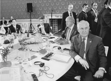  ??  ?? (From right) Tillerson, Britain’s Foreign Secretary Boris Johnson, German Foreign Minister Sigmar Gabriel, and Japanese Minister of Foreign Affairs Fumio Kishida attend roundtable talks during a G7 for foreign ministers in Lucca. — Reuters photo