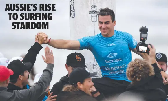  ?? Picture: Getty Images ?? Australia’s Callum Robson celebrates with the crowd after winning the Gold Coast Pro at Snapper Rocks yesterday.