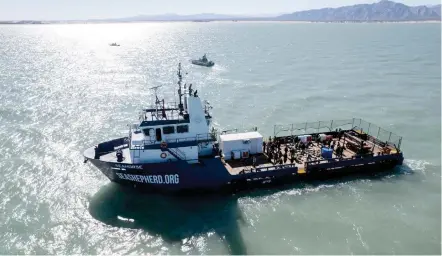 ?? — AFP photo ?? Aerial view of the Seahorse, the new Sea Shepherd vessel deployed to help on the efforts to save the endangered vaquita porpoise, during a presentati­on to the media near San Felipe, in the Gulf of California, Baja California state, northweste­rn, Mexico.