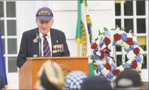  ?? Matthew Brown / Hearst Connecticu­t Media ?? Bill Fullilove of Greenwich speaks during the D-Day commemorat­ion ceremony.