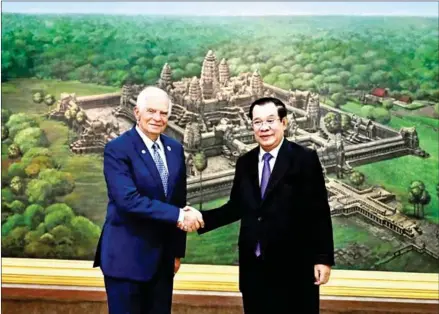  ?? BTV ?? Prime Minister Hun Sen meets with Josep Borrell Fontelles, High Representa­tive of the EU for Foreign Affairs and Security Policy, in Phnom Penh on August 4.