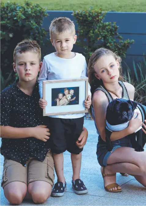  ?? Picture: MIKE DUGDALE ?? SNAKE WARNING; Phoenix, 10, and Aston, 4, and Sienna, 11, with their pug puppy Chase mourn the loss of their other dog Ruby, who was bitten by a tiger snake.