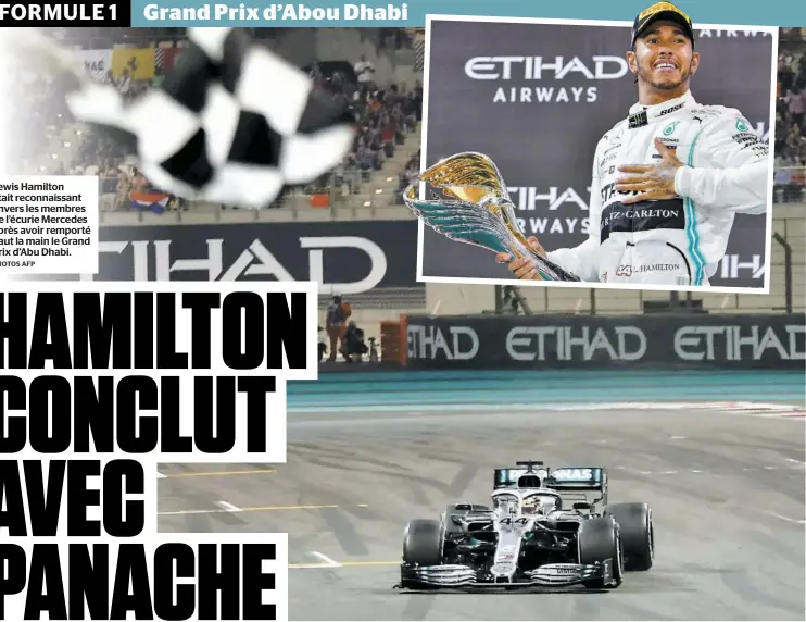  ?? PHOTOS AFP ?? Lewis Hamilton était reconnaiss­ant envers les membres de l’écurie Mercedes après avoir remporté haut la main le Grand Prix d’Abu Dhabi.