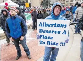  ?? LYLE ASPINALL ?? Demonstrat­ors gather at McDougall Centre in Calgary on Saturday to oppose provincial government plans to strongly regulate off-highway vehicle use in the Castle area.