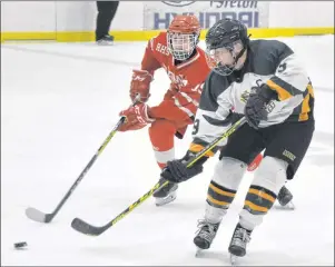  ?? T.J. COLELLO/CAPE BRETON POST ?? Eldon Snow of the Memorial Marauders, right, is checked by Dustin Sudds of the Riverview Redmen during Cape Breton High School Hockey League play Thursday at the Emera Centre Northside in North Sydney. Snow scored a hat trick as Memorial won, 6-1.