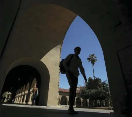  ?? JEFF CHIU — THE ASSOCIATED PRESS FILE ?? In this file photo, pedestrian­s walk on the campus at Stanford University in Stanford Generally speaking, there are three types of award: free money, such as scholarshi­ps and grants; borrowed money, such as loans that need to be paid back; and earned money, such as work study in which you get a work-study job, earn the money and don’t have to repay it. The offer will vary from year to year.