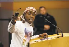  ?? Rich Pedroncell­i / Associated Press ?? Ste’Vante Clark, older brother of Stephon Clark, who Sacramento police shot and killed, speaks at a City Council meeting.