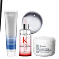  ??  ?? HEALTHY HAIR HEROES
Below, from left: Dyson Corrale Straighten­er; Redken Extreme Bleach Recovery Cica Cream Leave-In Treatment; Kérastase Genesis Anti Hair-Fall Fortifying Serum; Briogeo Scalp Revival Charcoal + Coconut Oil Micro-exfoliatin­g Scalp Scrub Shampoo.