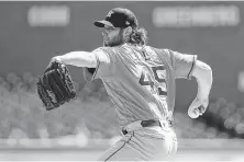  ?? Gregory Shamus / Getty Images ?? Gerrit Cole was having trouble locating his fastball for strikes during a five-inning stint against the Tigers on Wednesday.