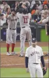  ?? The Associated Press ?? Boston Red Sox’s Rafael Devers celebrates his three-run homer off Houston Astros starter Justin Verlander on Thursday night.